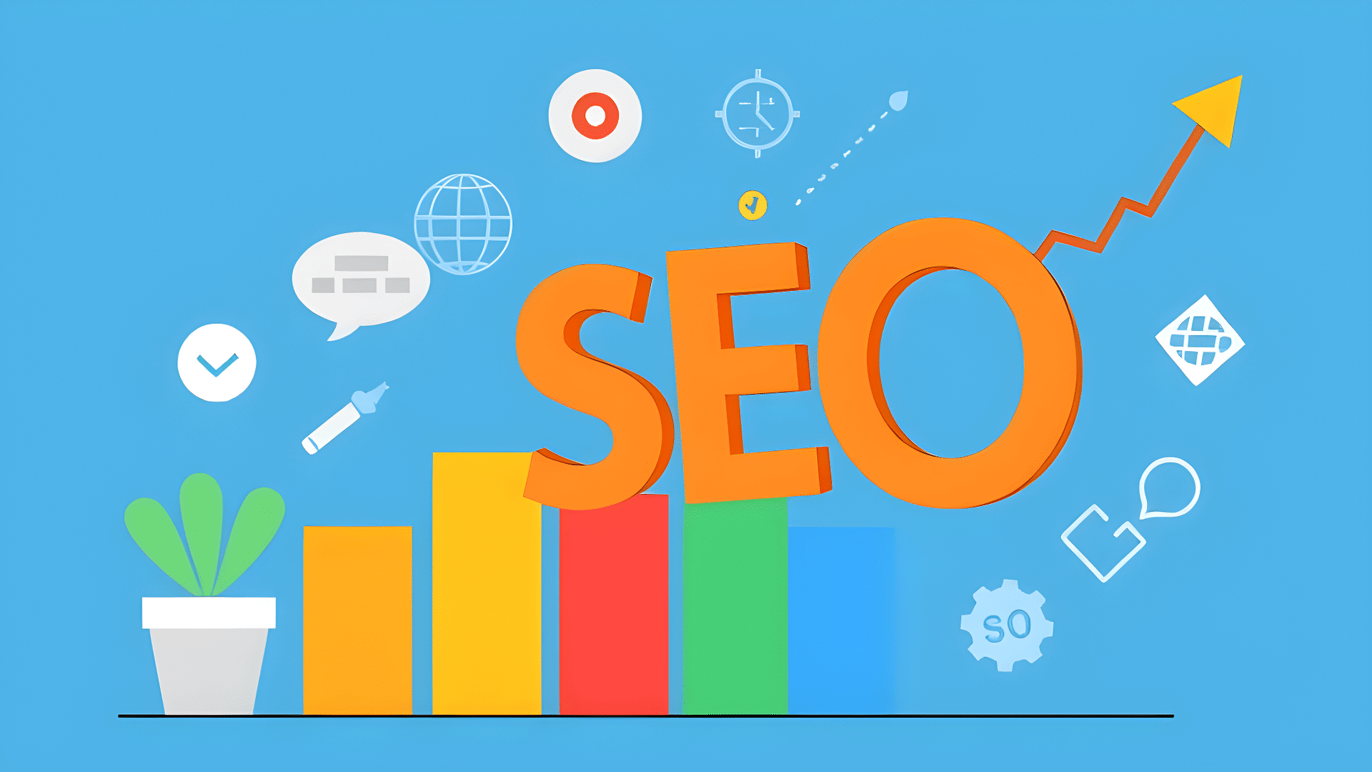 SEO" in large letters with colorful bar graph and digital icons on a blue background, this visual serves as an ideal introduction for beginners exploring strategies to boost website traffic.