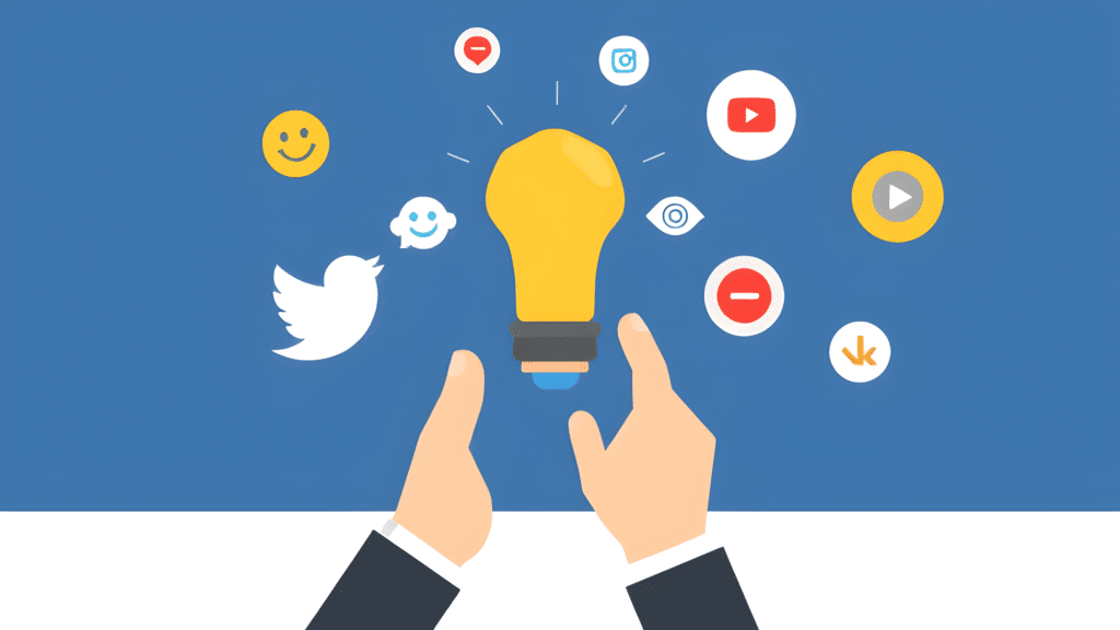 Illustration of hands holding a lightbulb, surrounded by social media icons and engagement symbols on a blue background.