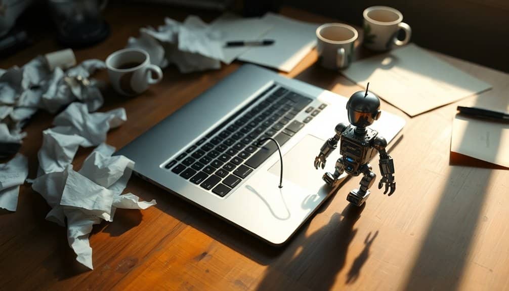 A small robot toy stands on a laptop amid crumpled papers and coffee cups on a wooden desk, as if inspiring the next great chatbot creation.