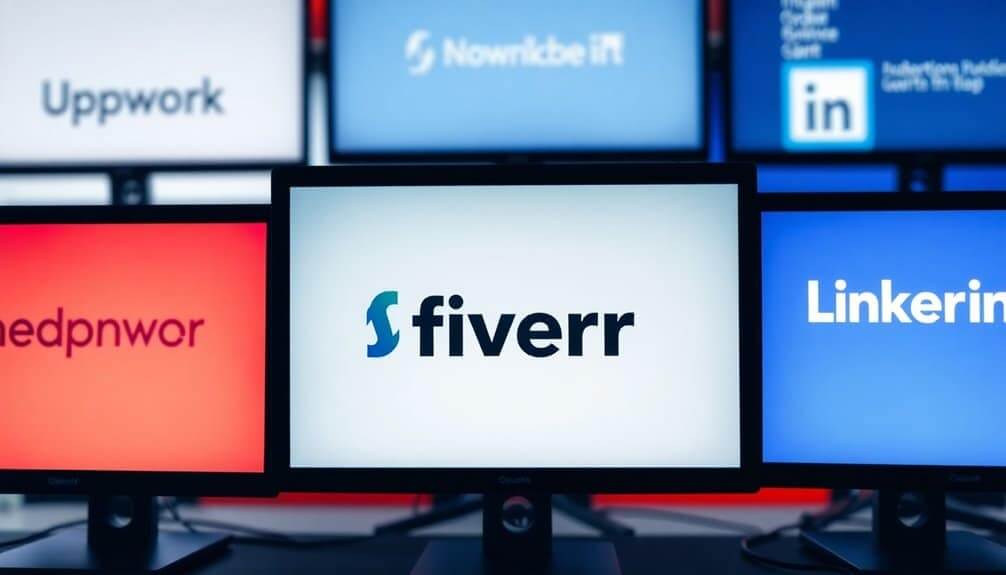 Computer screens showcasing logos of Fiverr, LinkedIn, and other essential platforms for hiring a mobile app developer.