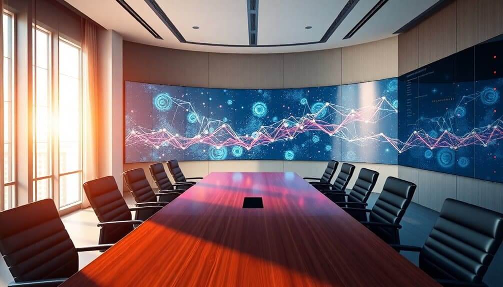 Empty modern conference room with large digital screens displaying data visuals and charts.