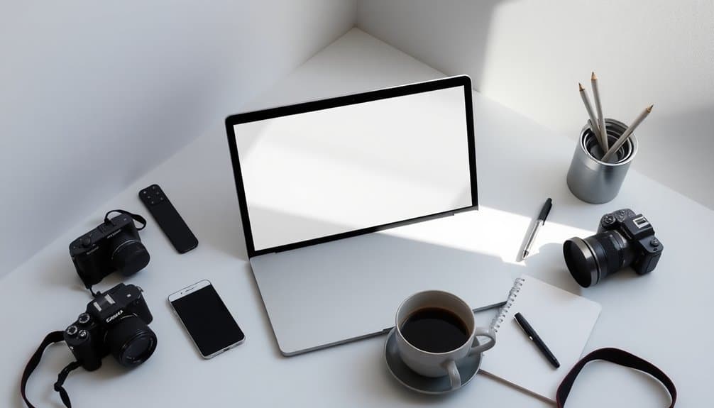 A marketer's essential tools cover the desk: a laptop, perfect for social media campaigns, surrounded by cameras, coffee, a smartphone, a notepad, and pencils in a container.