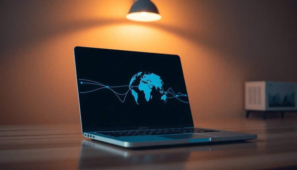 A laptop on a table displays a map of the world with a blue wave pattern, resembling an insightful beginner's guide to search engine optimization, lit by an overhead lamp.