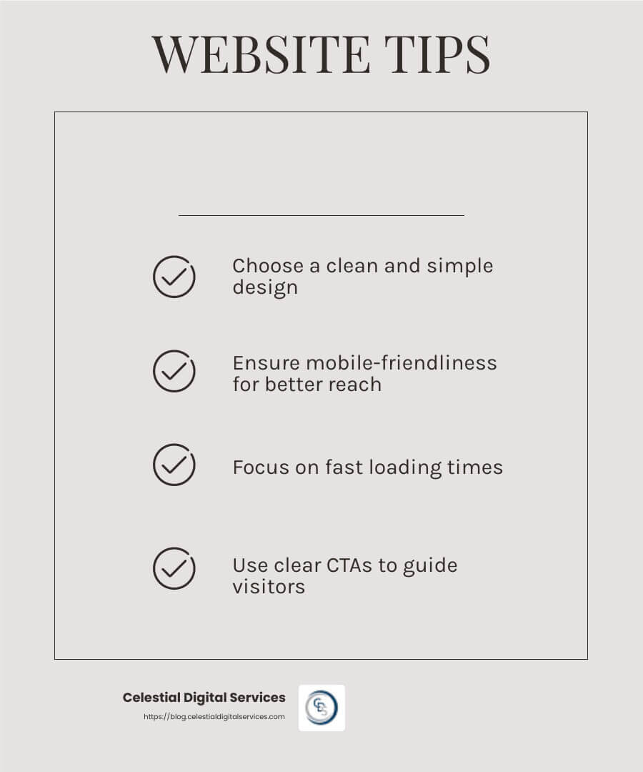 A well-designed, mobile-friendly, user-friendly website is crucial for online presence improvement - online presence improvement infographic checklist-light-beige