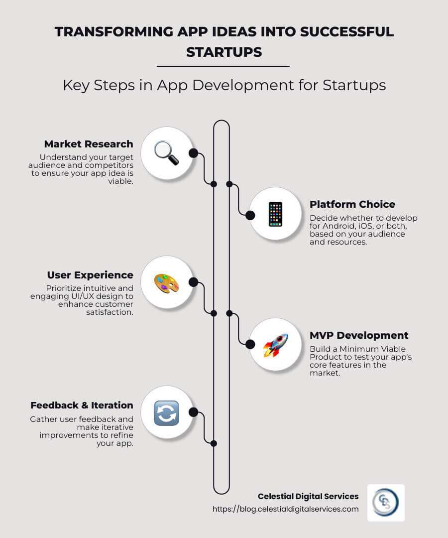 Infographic detailing steps to develop a successful startup app, focusing on market research, platform selection, and UX design - app development for startups infographic infographic-line-5-steps-neat_beige