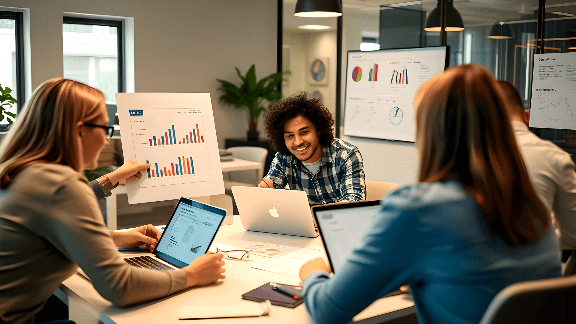 A team discusses charts and data on laptops during a meeting in a modern office setting.