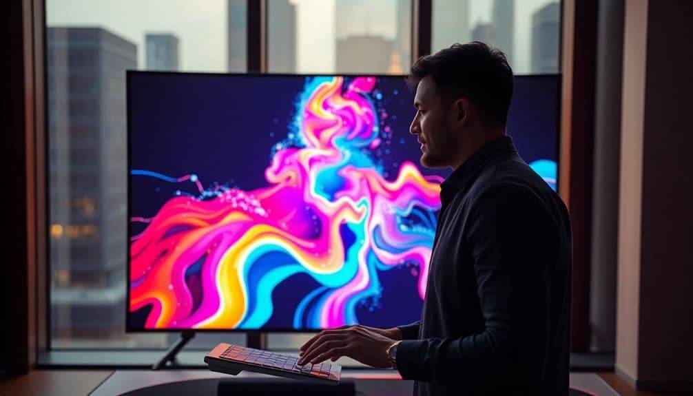 In a dimly lit room with large windows, a person types on a keyboard, navigating the colorful, abstract display that brings the Art World to life. The shifting patterns seem to be ever-changing, echoing the dynamic nature of Artificial Intelligence in creative pursuits.