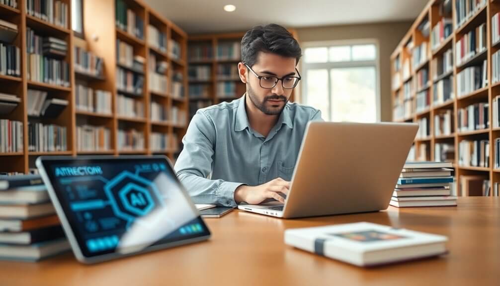 A man is engrossed in research on his laptop in a library, while AI-themed graphics illuminate a nearby tablet screen like a beginner's guide to innovation.