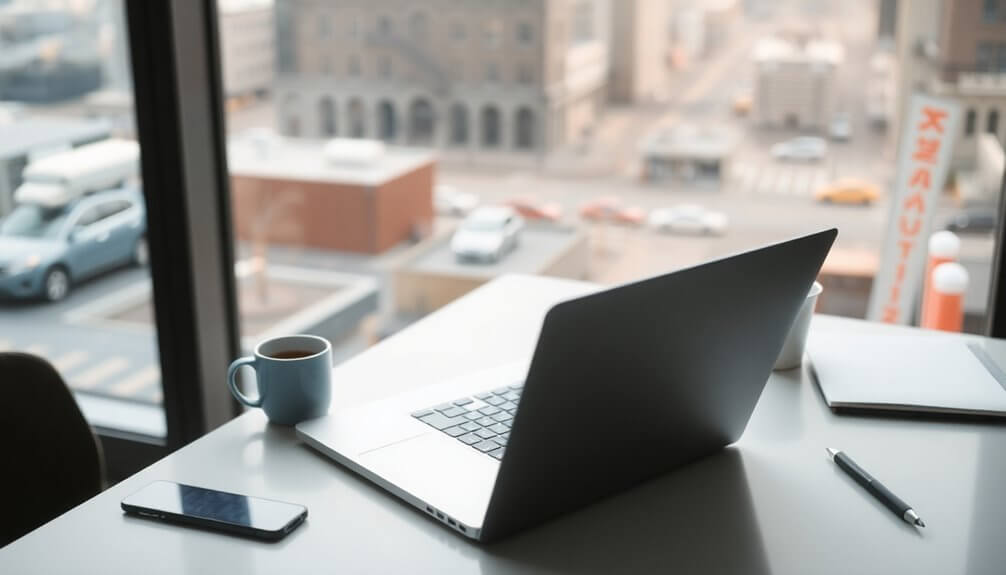 A laptop, smartphone, pen, and coffee cup sit on a desk by the window overlooking a bustling city street. This workspace is creatively designed to improve daily productivity with AI tools readily at hand for seamless workflow management.