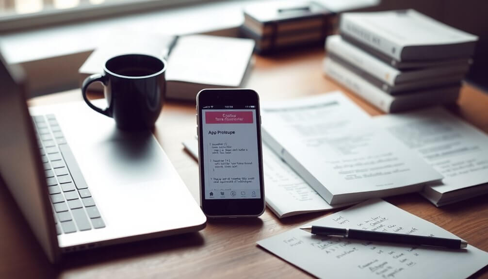 A smartphone displaying a mobile app rests on a cluttered desk alongside a laptop, coffee cup, notebooks, and pens—creating the perfect setting for following a step-by-step guide or building new ideas.