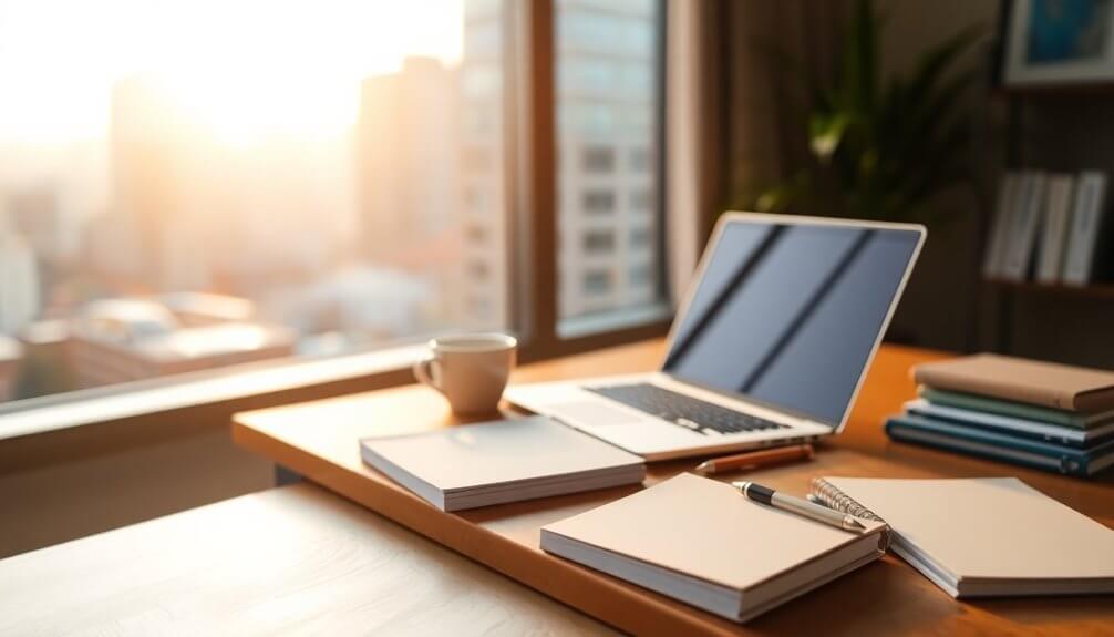 Sunlit office desk with a laptop displaying a beginner's guide to SEO, surrounded by notebooks, a cup of coffee, and a pen, all next to a large window showcasing the city view.