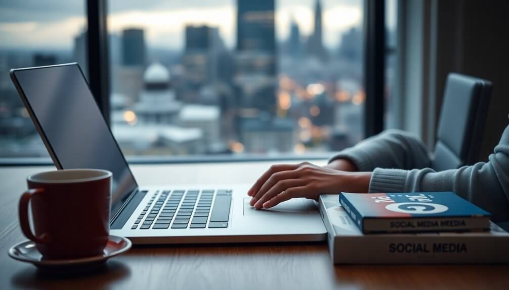 A person is typing on a laptop at a desk with books and coffee, skillfully creating content that captures the essence of social media reach, all while overlooking a stunning city skyline.