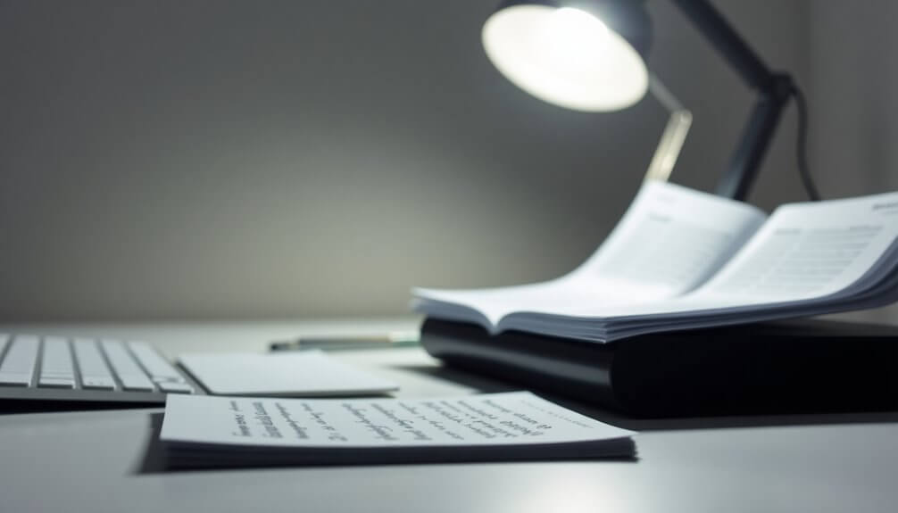 A desk with an open book, papers, and a keyboard sits beneath an angled desk lamp casting light, perfect for drafting cold email templates.