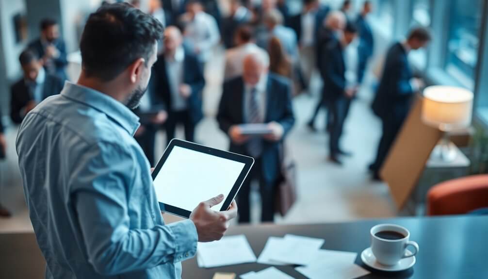 A man is engrossed in a tablet, delving into a lead generation beginner's guide while blurred colleagues bustle in the background. Papers are strewn across the table, and a steaming cup of coffee sits invitingly nearby.