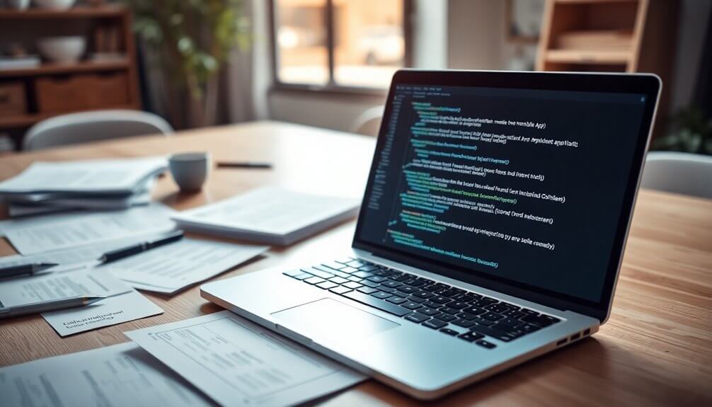 Open laptop displaying code on screen, surrounded by scattered papers on a wooden table in a bright room—a beginner's guide to frameworks and mobile app development unfolds.