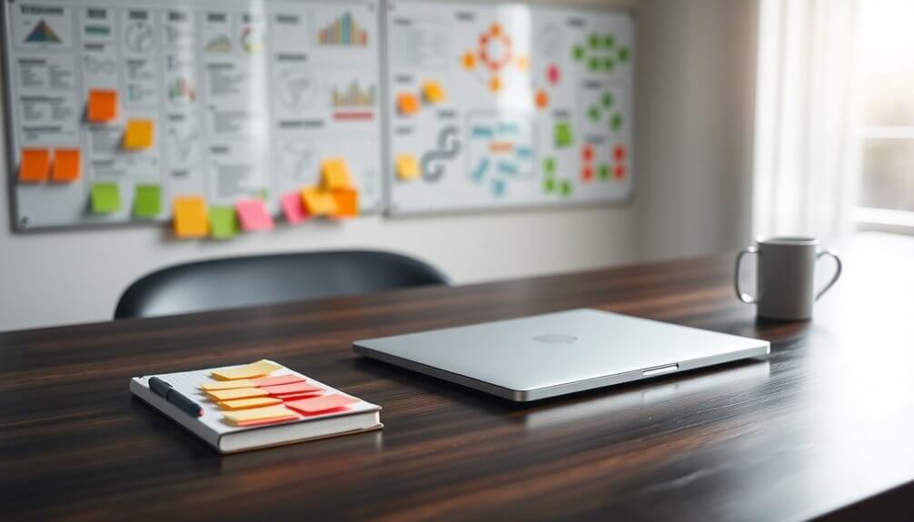 A laptop, notebook with sticky notes, and mug sit on a wooden desk in a bright office, ready for keyword research brainstorming. A whiteboard in the background offers space to map out SEO tools for beginners' techniques.