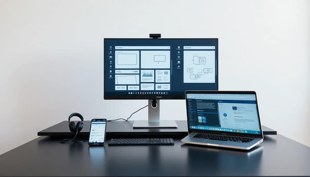 A workspace ideal for a beginner's guide on mobile app development, featuring a desktop monitor, laptop, smartphone, keyboard, and headphones on a sleek black desk.