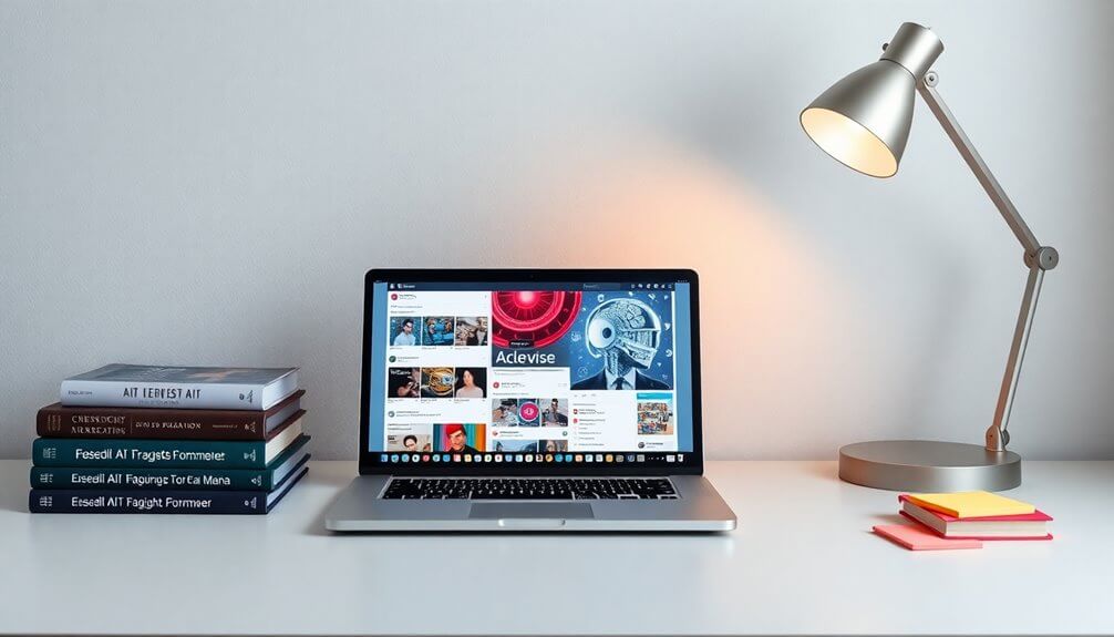 The laptop on the desk showcases a website, surrounded by a stack of books and colorful sticky notes against the white wall. A lamp casts a warm glow, creating the perfect setting for exploring a beginner's guide to AI for social media management.