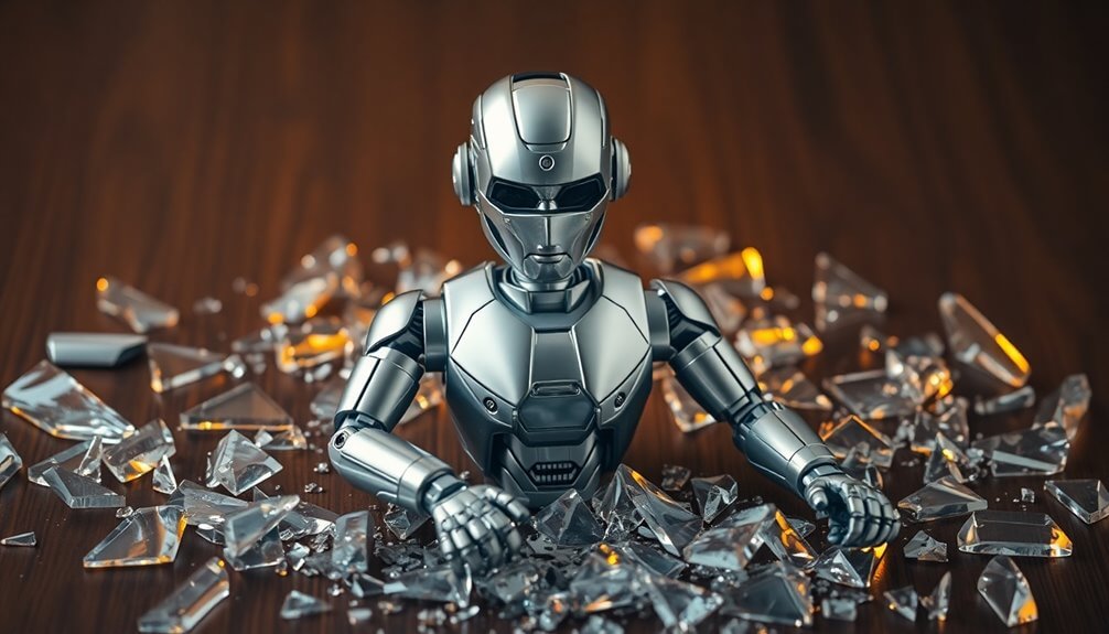 A small silver robot, resembling the misunderstood financial chatbots, emerges defiantly from shattered glass on a wooden surface.