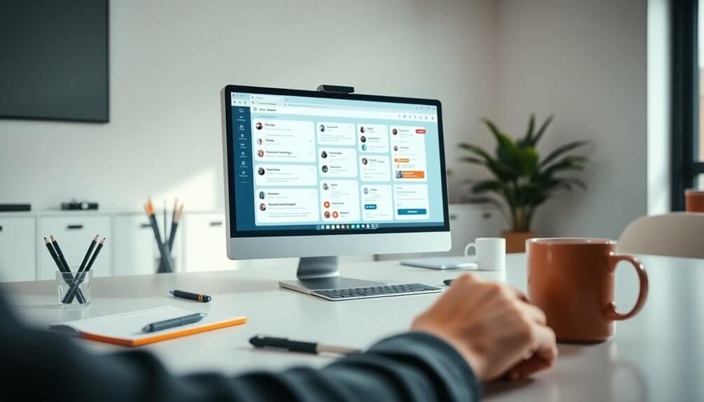 A person working at a desk with a computer displaying chatbot app software, alongside a notebook and a coffee mug, caters to diverse business needs efficiently.