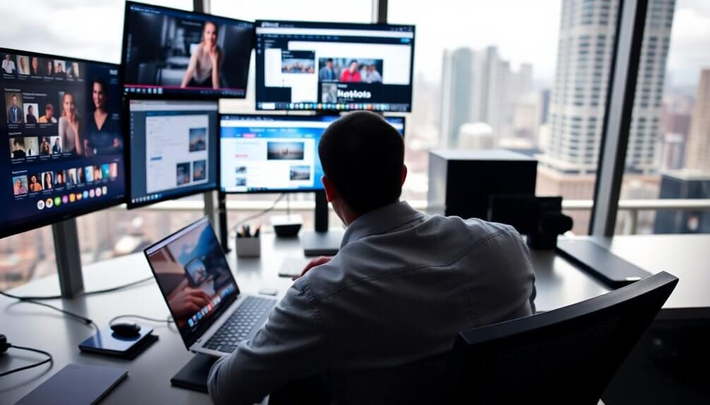 A person sits at a desk with multiple screens, crafting a beginner's guide on social media marketing from their laptop in a high-rise office with stunning city views.