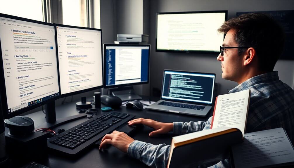 A person is working at a multi-monitor computer setup, with code and documents on the screens. It's an ideal workspace for beginners looking to master Search Engine Optimization, offering a simple guide through complex data streams and enhancing productivity.