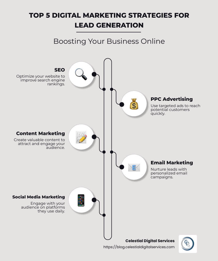 Infographic illustrating digital marketing strategies to boost lead generation through SEO, PPC, content, email, and social media marketing - digital marketing strategies to generate leads infographic infographic-line-5-steps-neat_beige