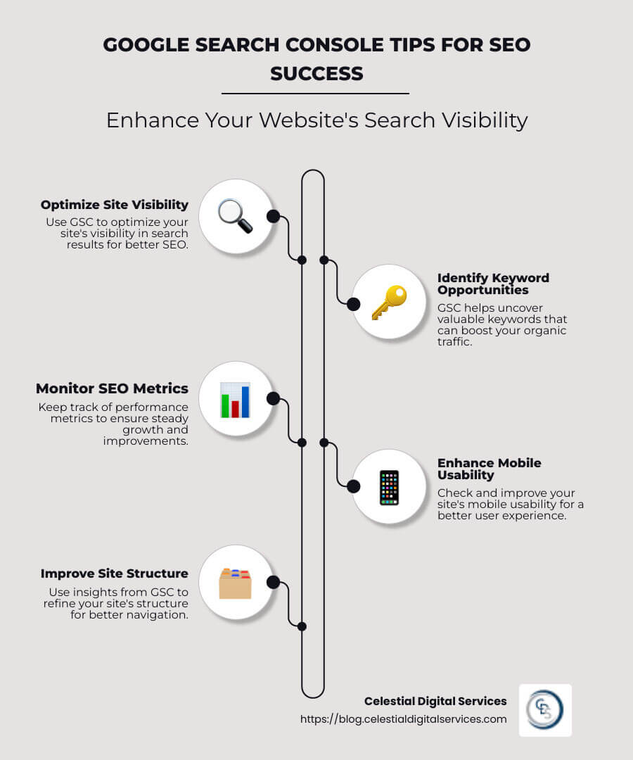 Infographic on Google Search Console Tips for SEO Success - google search console tips infographic infographic-line-5-steps-neat_beige