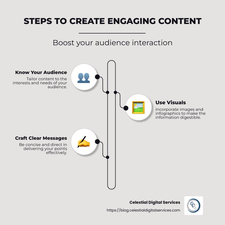 Infographic showing steps to create engaging content including audience research, visual use, clear messaging, and interaction calls - create engaging content infographic infographic-line-3-steps-neat_beige