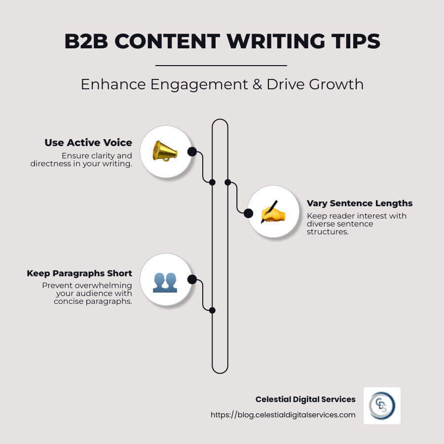 Infographic on B2B content writing tips with visuals of the major strategies listed above - b2b content writing tips infographic infographic-line-3-steps-neat_beige