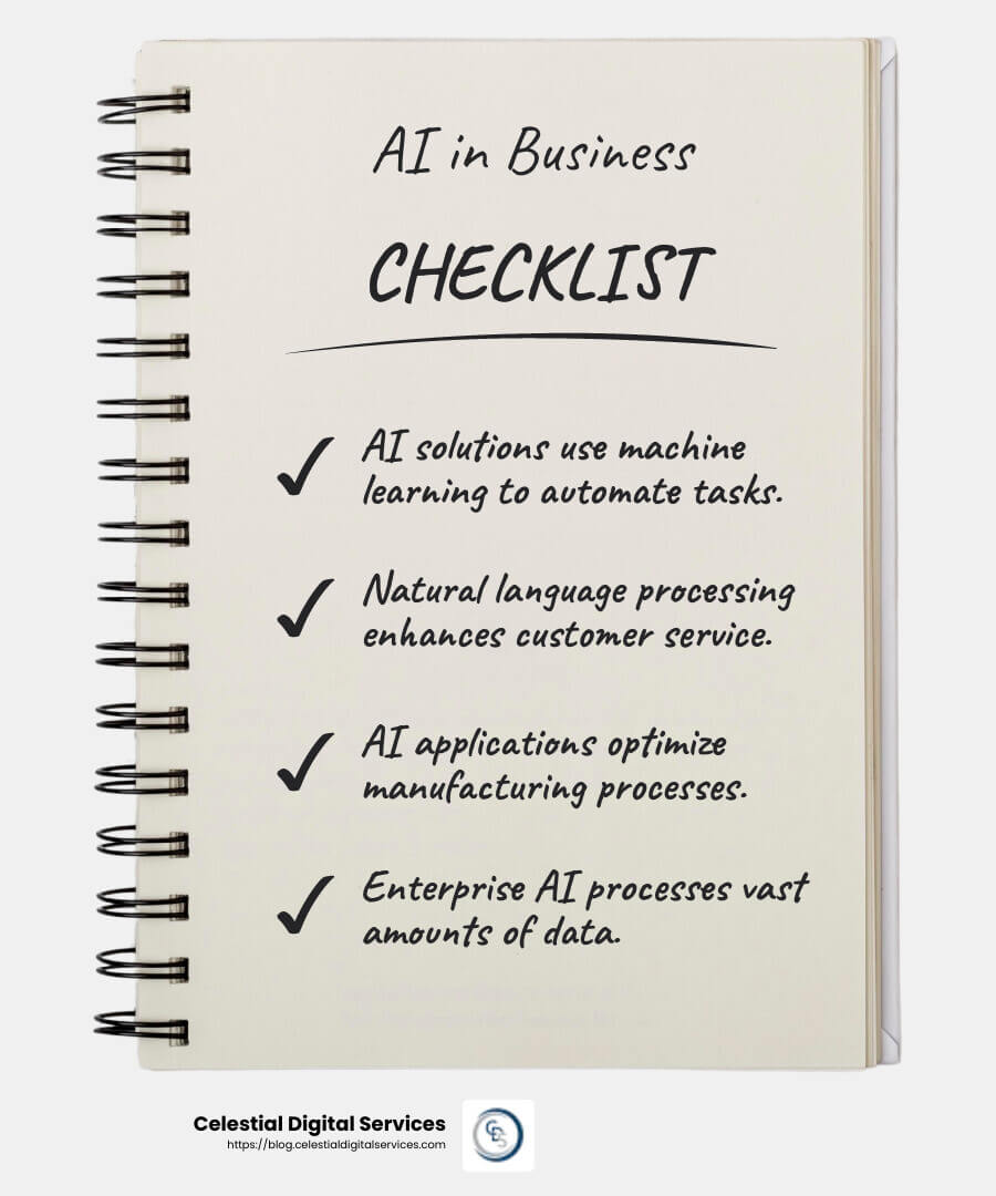 AI solutions and applications can transform businesses by improving efficiency and driving innovation. - AI optimization services infographic checklist-notebook