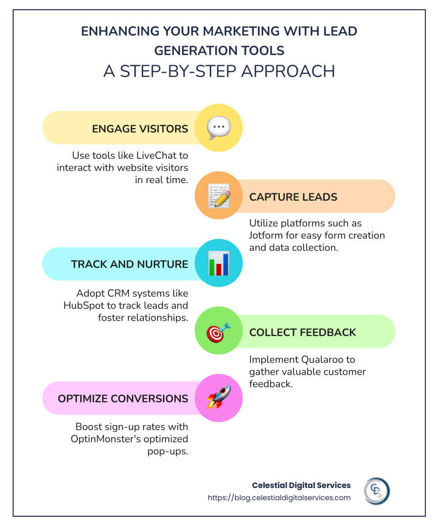 The Journey of Lead Generation from Tools to Strategies: A Visual Guide - lead generation tools infographic infographic-line-5-steps-colors