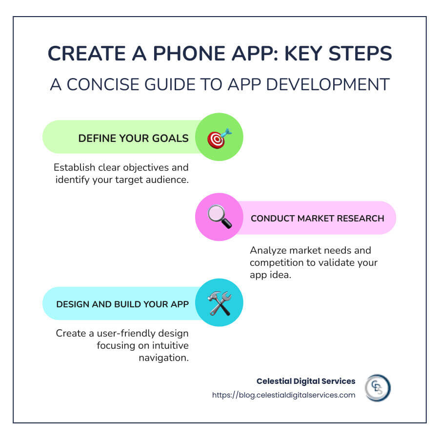 Roadmap to Building Your Own Phone App - create a phone app infographic infographic-line-3-steps-colors