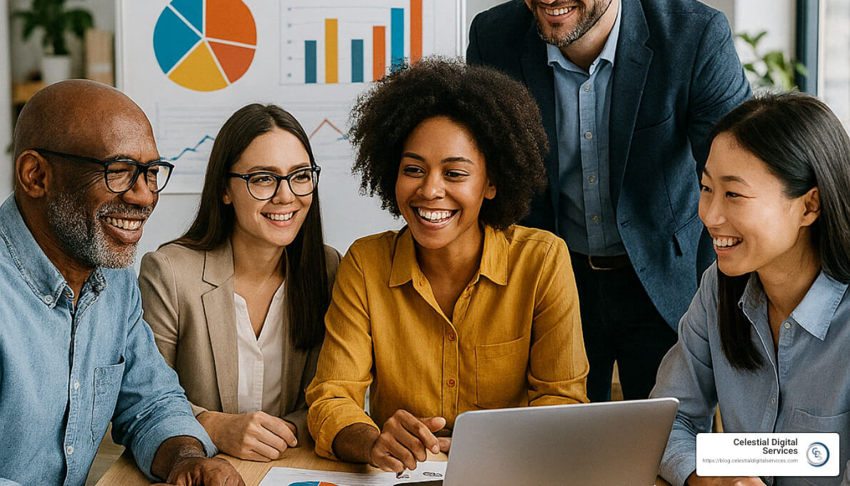 A group of diverse colleagues smiles around a laptop in an office, with charts in the background, brainstorming effective strategies for lead generation.