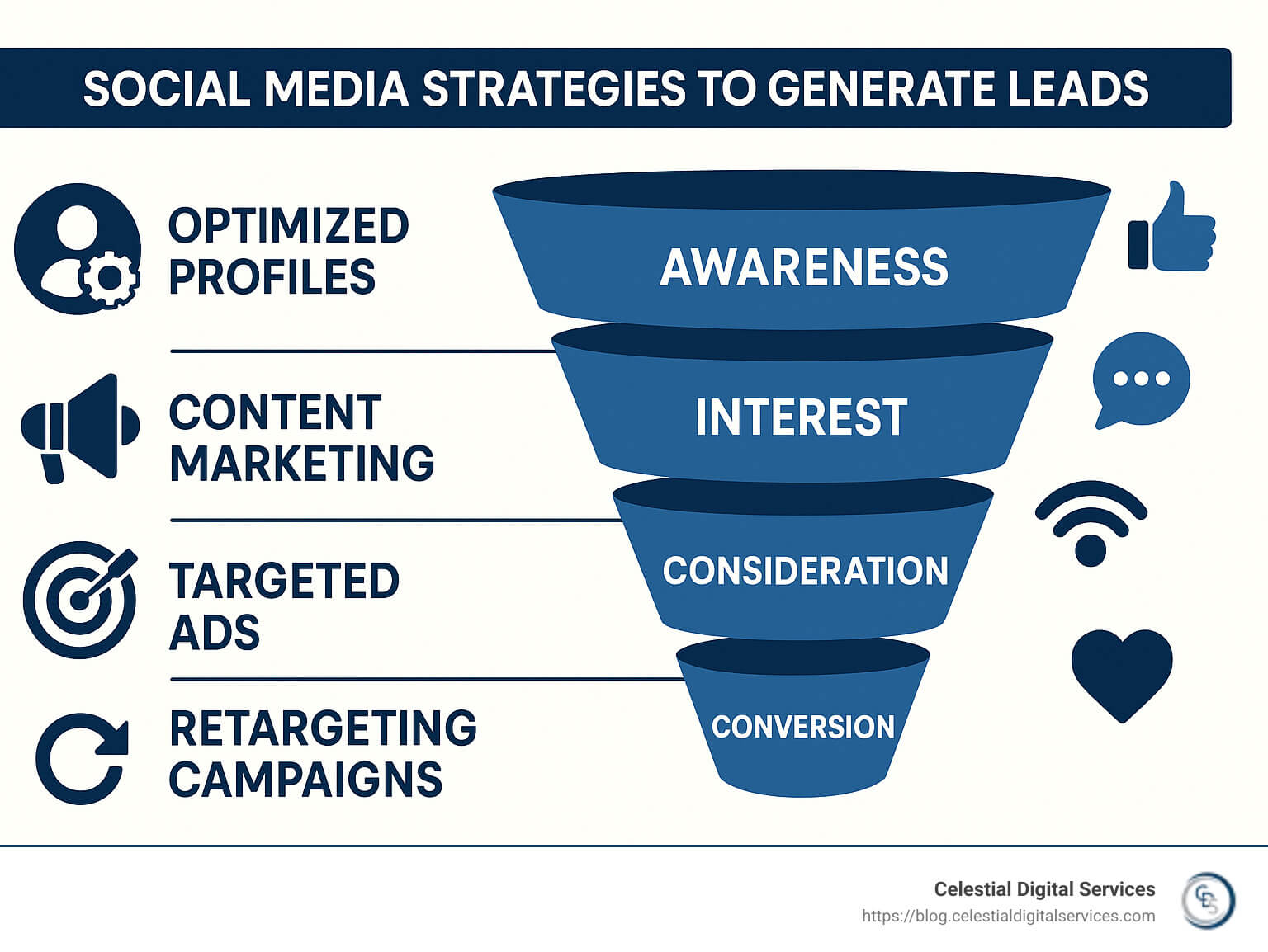 A comprehensive social media lead generation funnel showing awareness, interest, consideration and conversion stages with specific tactics for each stage including optimized profiles, content marketing, targeted ads, and retargeting campaigns - social media strategies to generate leads infographic 