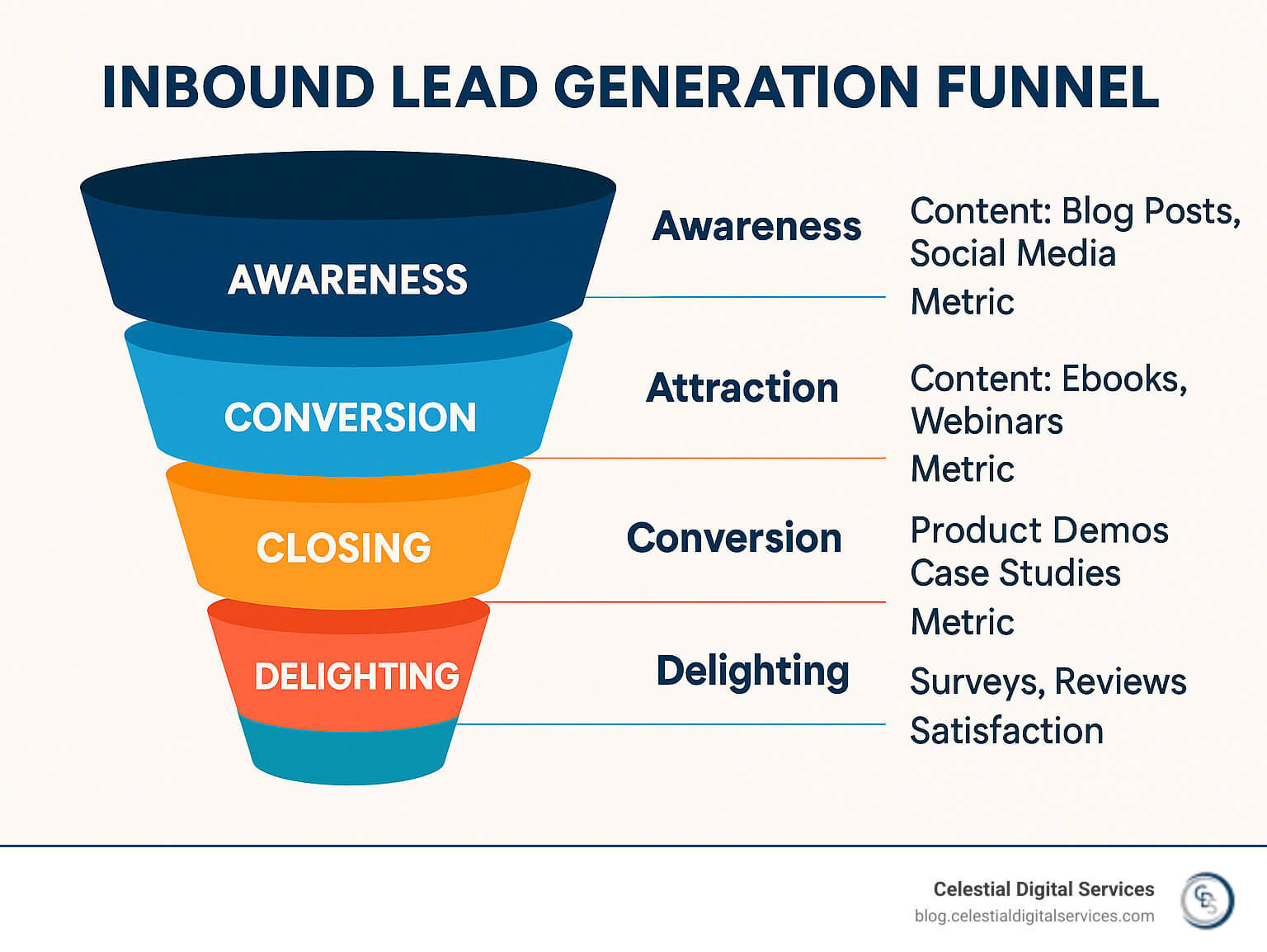 Comprehensive inbound lead generation funnel showing stages from awareness through attraction, conversion, closing and delighting customers, with sample content types and metrics for each stage - inbound lead generation strategy infographic 