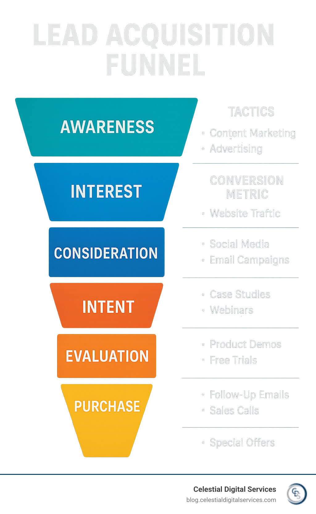 A comprehensive infographic showing the lead acquisition funnel with stages including awareness, interest, consideration, intent, evaluation, and purchase, with corresponding tactics for each stage and conversion metrics - lead acquisition strategy infographic 