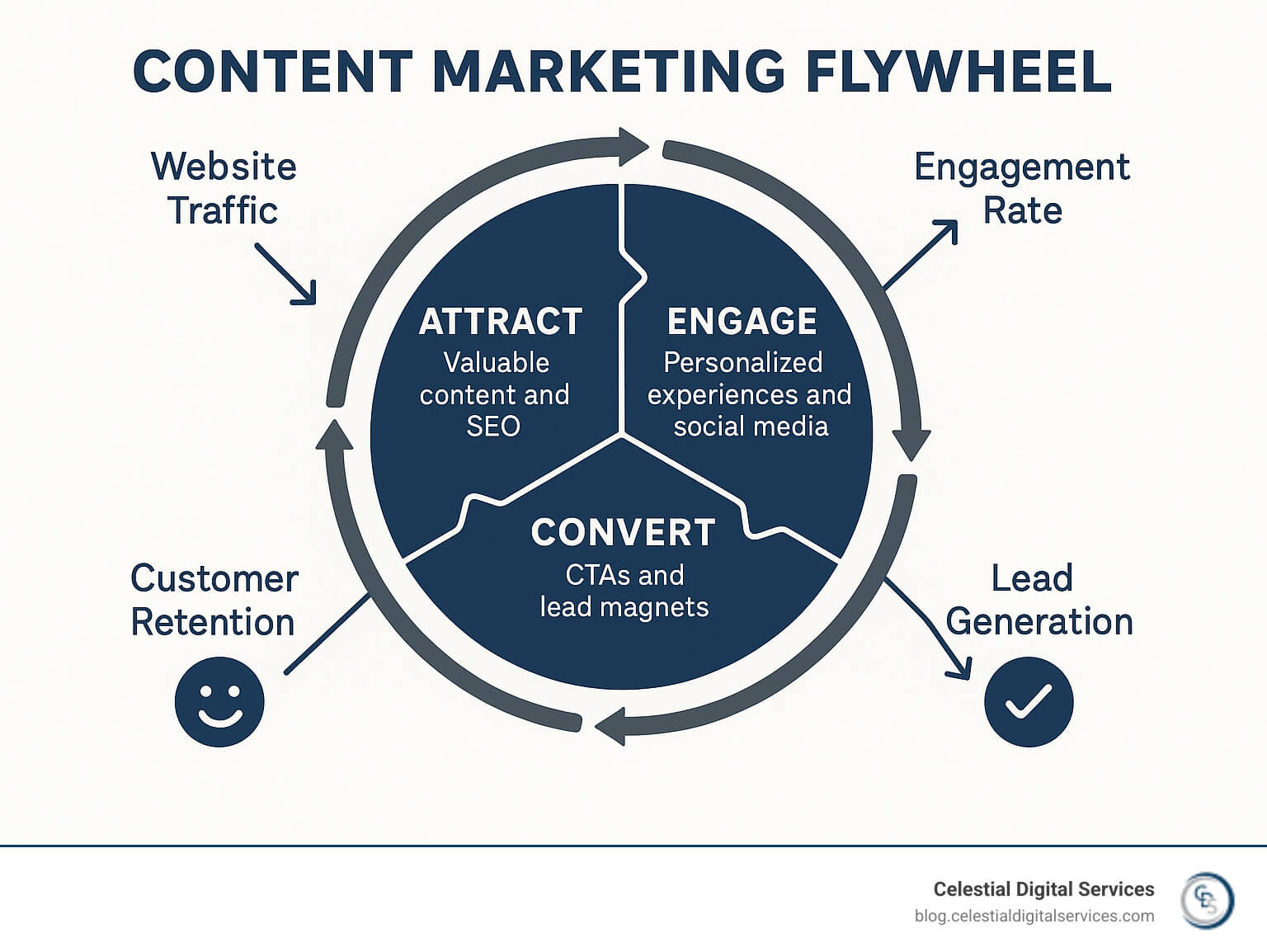 Detailed infographic showing the content marketing flywheel with four connected stages: Attract (through valuable content and SEO), Engage (via personalized experiences and social media), Convert (using CTAs and lead magnets), and Delight (through continued value and customer success), with arrows showing the continuous cycle and metrics for each stage - content marketing tips infographic 