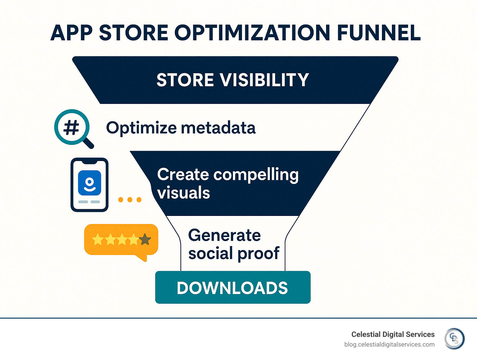 App Store Optimization Funnel showing the journey from store visibility to downloads, including key optimization points for metadata, visuals, and social proof - mobile app store optimization infographic 