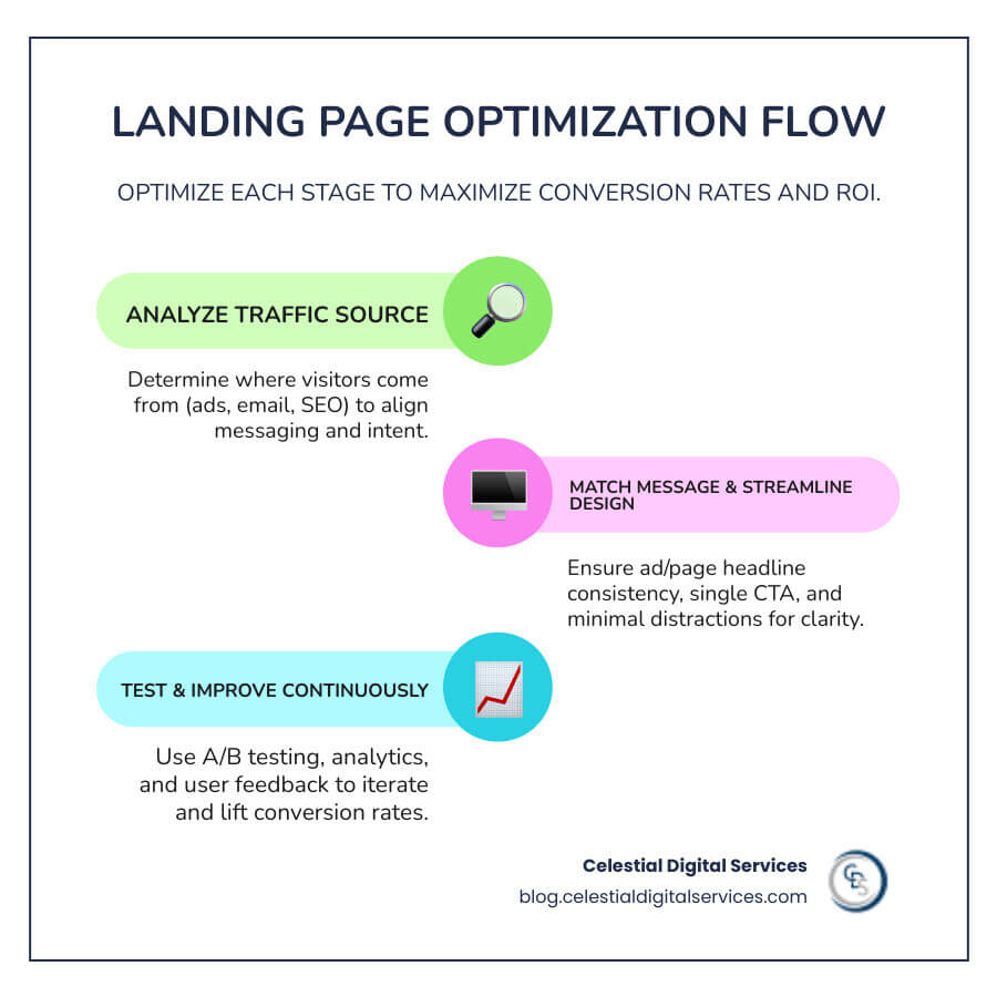 Landing page optimization process infographic covering traffic source analysis, message match, single CTA design, trust signal placement, mobile optimization, A/B testing cycles, and conversion tracking