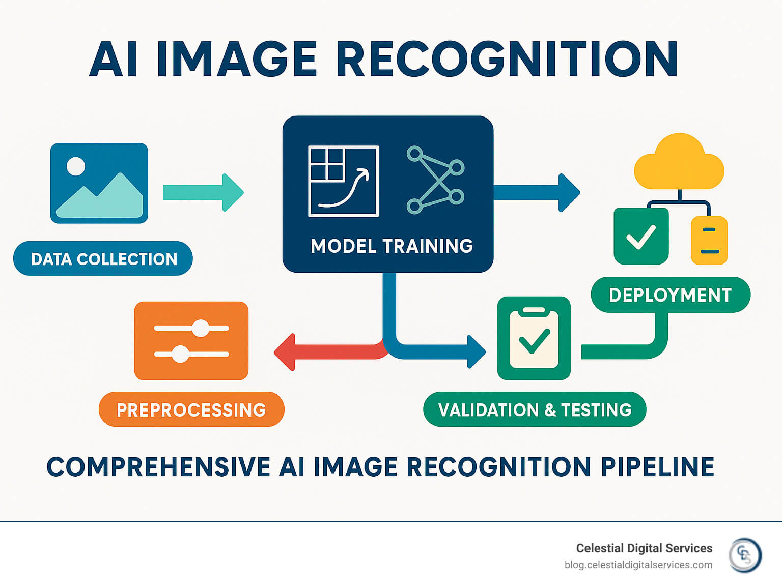 Comprehensive AI image recognition pipeline showing data collection, preprocessing, model training with CNNs and transformers, validation testing, and deployment across cloud and edge environments - AI image recognition infographic 